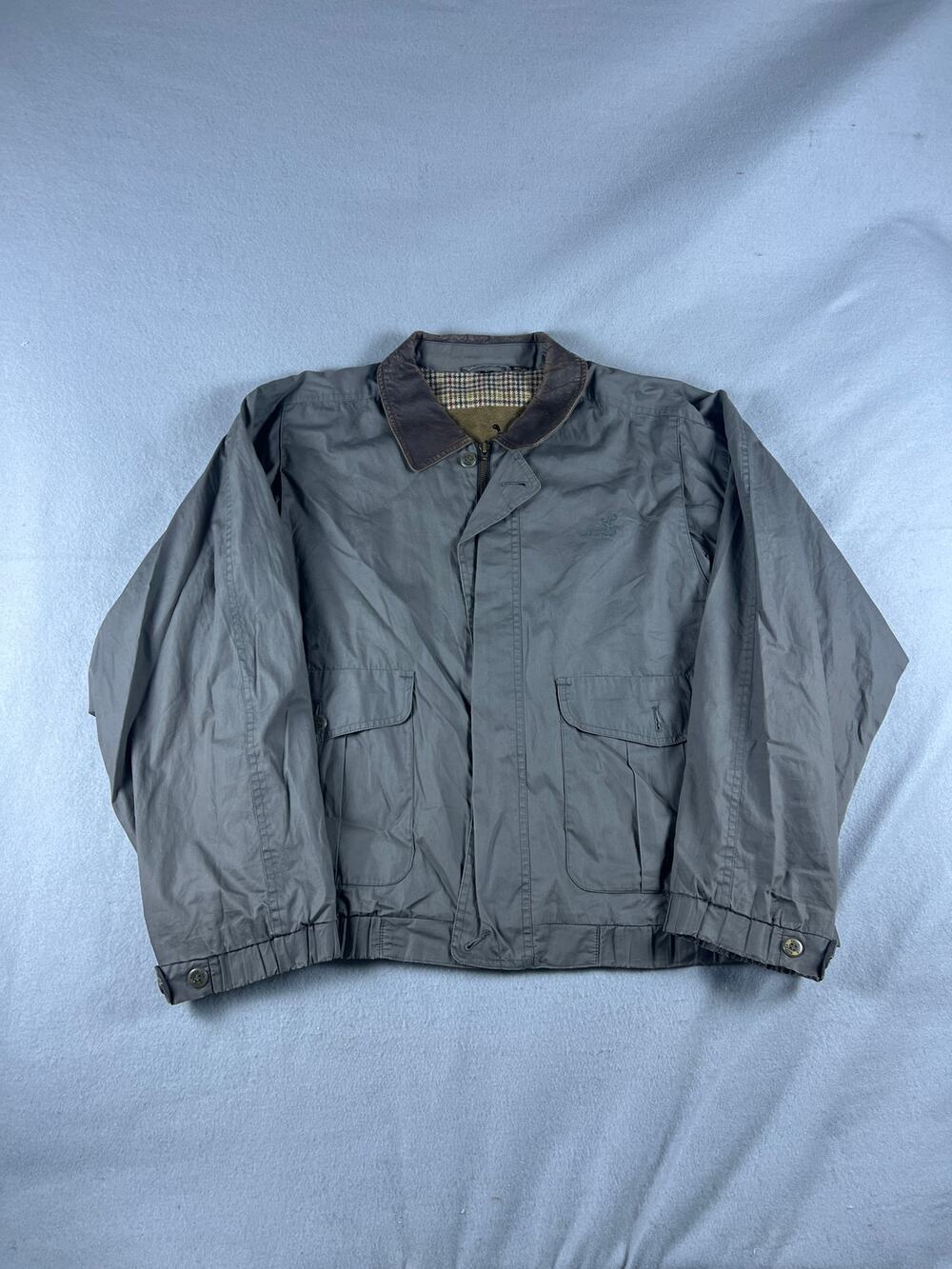 Vintage Ducks Unlimited Jacket Mens L Gray Leather Collar Plaid Lined Outdoor